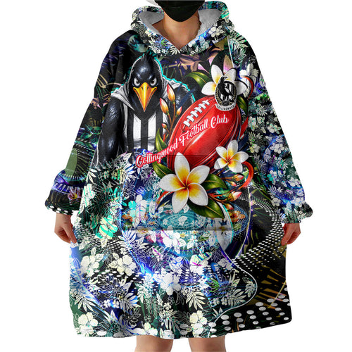 Personalized Collingwood Football Magpies Wearable Blanket Hoodie Tropical Hibiscus Flowers - Pacific Fusion Style