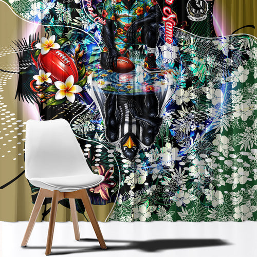 Personalized Collingwood Football Magpies Window Curtain Tropical Hibiscus Flowers - Pacific Fusion Style