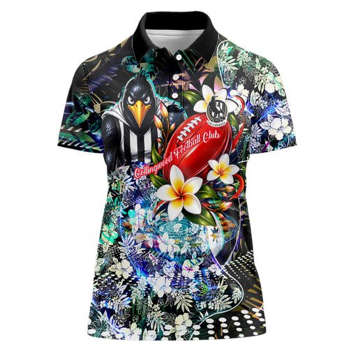 Personalized Collingwood Football Magpies Women Polo Shirt Tropical Hibiscus Flowers - Pacific Fusion Style