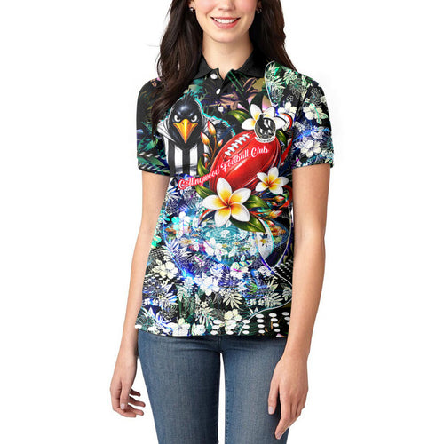 Personalized Collingwood Football Magpies Women Polo Shirt Tropical Hibiscus Flowers - Pacific Fusion Style