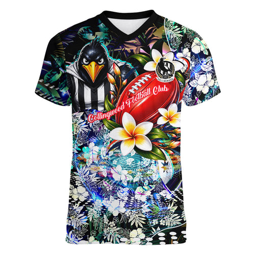 Personalized Collingwood Football Magpies Women V-Neck T-Shirt Tropical Hibiscus Flowers - Pacific Fusion Style