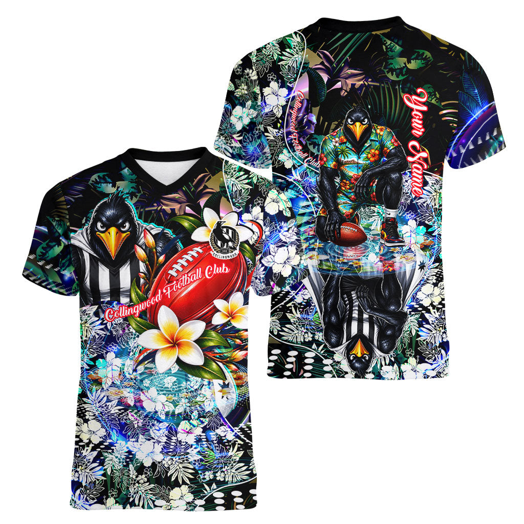 Personalized Collingwood Football Magpies Women V-Neck T-Shirt Tropical Hibiscus Flowers - Pacific Fusion Style