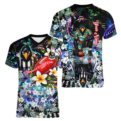 Personalized Collingwood Football Magpies Women V-Neck T-Shirt Tropical Hibiscus Flowers - Pacific Fusion Style