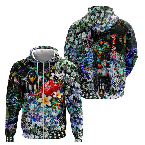 Personalized Collingwood Football Magpies Zip Hoodie Tropical Hibiscus Flowers - Pacific Fusion Style