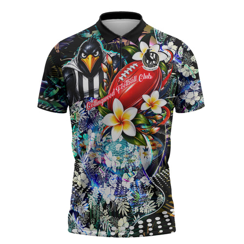 Personalized Collingwood Football Magpies Zipper Polo Shirt Tropical Hibiscus Flowers - Pacific Fusion Style