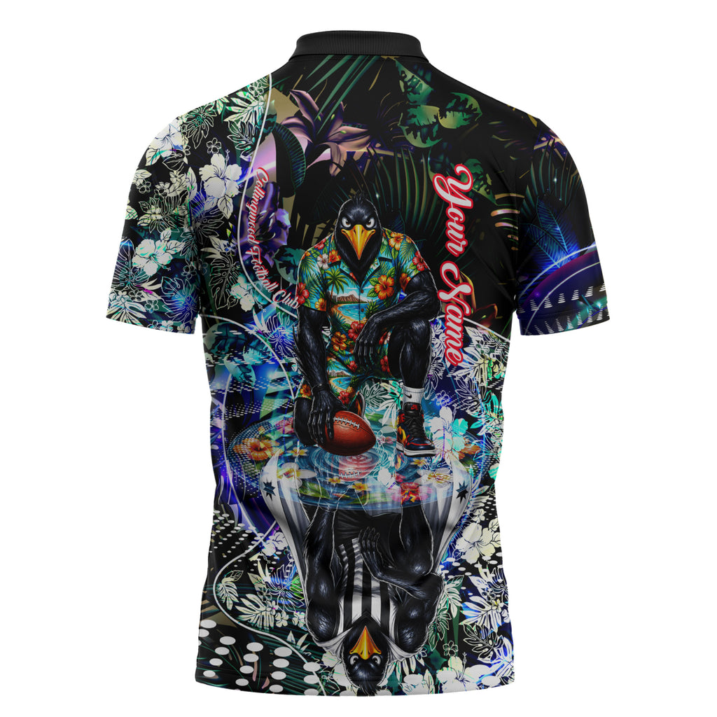 Personalized Collingwood Football Magpies Zipper Polo Shirt Tropical Hibiscus Flowers - Pacific Fusion Style