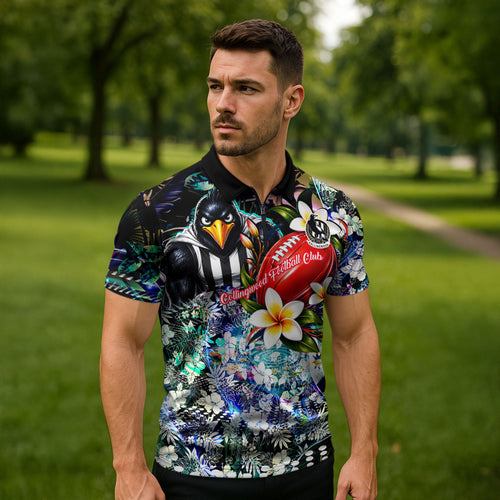 Personalized Collingwood Football Magpies Zipper Polo Shirt Tropical Hibiscus Flowers - Pacific Fusion Style