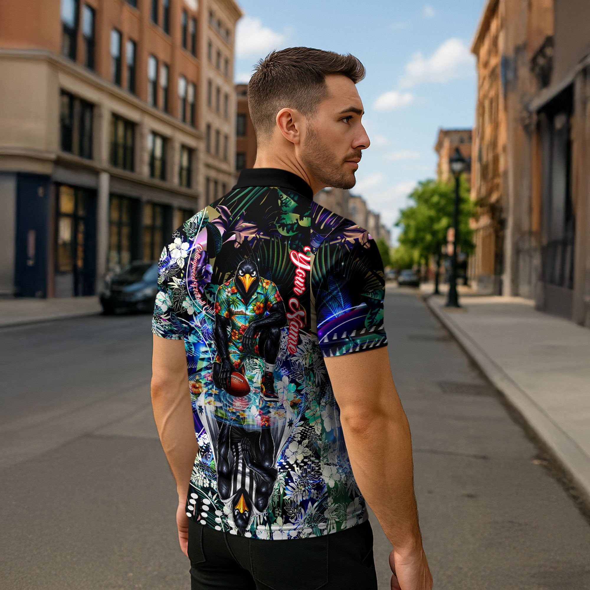 Personalized Collingwood Football Magpies Zipper Polo Shirt Tropical Hibiscus Flowers - Pacific Fusion Style