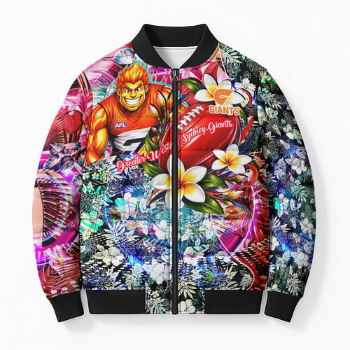Personalized Greater Western Sydney Giants Bomber Puffer Jacket Tropical Hibiscus Flowers - Pacific Fusion Style