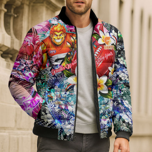 Personalized Greater Western Sydney Giants Bomber Puffer Jacket Tropical Hibiscus Flowers - Pacific Fusion Style