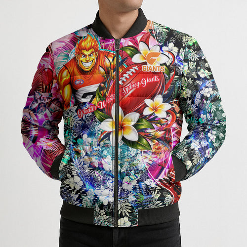 Personalized Greater Western Sydney Giants Bomber Puffer Jacket Tropical Hibiscus Flowers - Pacific Fusion Style