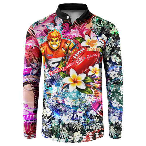 Personalized Greater Western Sydney Giants Button Sweatshirt Tropical Hibiscus Flowers - Pacific Fusion Style