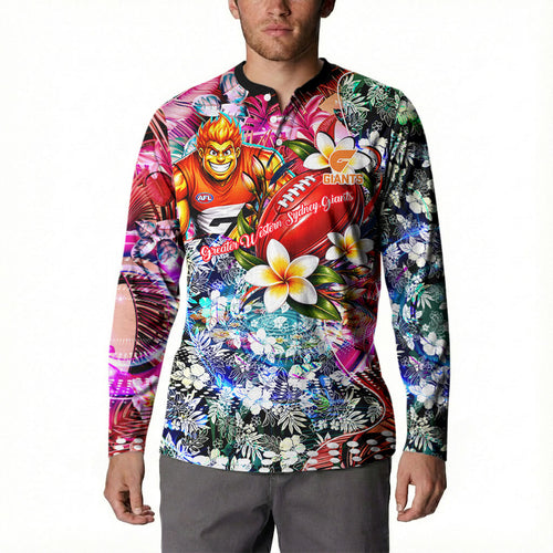 Personalized Greater Western Sydney Giants Button Sweatshirt Tropical Hibiscus Flowers - Pacific Fusion Style