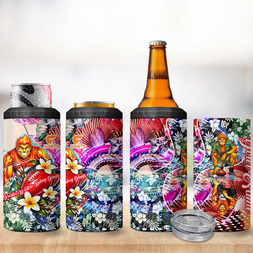 Personalized Greater Western Sydney Giants 4 in 1 Can Cooler Tumbler Tropical Hibiscus Flowers - Pacific Fusion Style