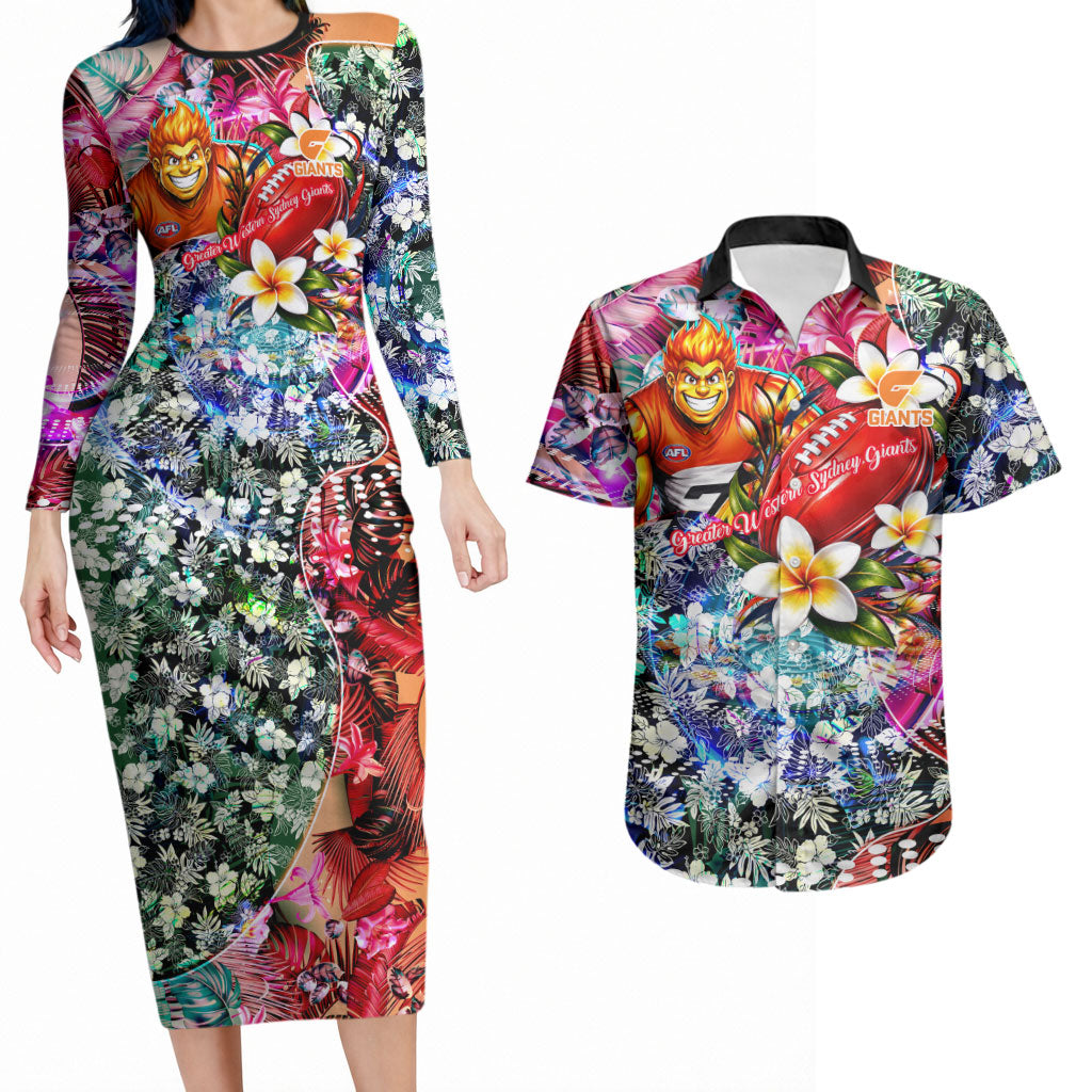 Personalized Greater Western Sydney Giants Couples Matching Long Sleeve Bodycon Dress and Hawaiian Shirt Tropical Hibiscus Flowers - Pacific Fusion Style