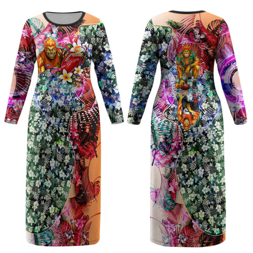 Personalized Greater Western Sydney Giants Couples Matching Long Sleeve Bodycon Dress and Hawaiian Shirt Tropical Hibiscus Flowers - Pacific Fusion Style