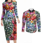 Personalized Greater Western Sydney Giants Couples Matching Long Sleeve Bodycon Dress and Long Sleeve Button Shirt Tropical Hibiscus Flowers - Pacific Fusion Style