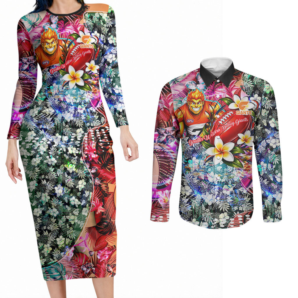 Personalized Greater Western Sydney Giants Couples Matching Long Sleeve Bodycon Dress and Long Sleeve Button Shirt Tropical Hibiscus Flowers - Pacific Fusion Style