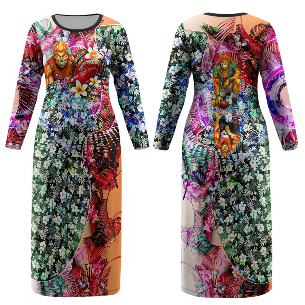 Personalized Greater Western Sydney Giants Couples Matching Long Sleeve Bodycon Dress and Long Sleeve Button Shirt Tropical Hibiscus Flowers - Pacific Fusion Style