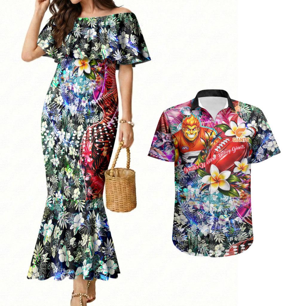 Personalized Greater Western Sydney Giants Couples Matching Mermaid Dress and Hawaiian Shirt Tropical Hibiscus Flowers - Pacific Fusion Style