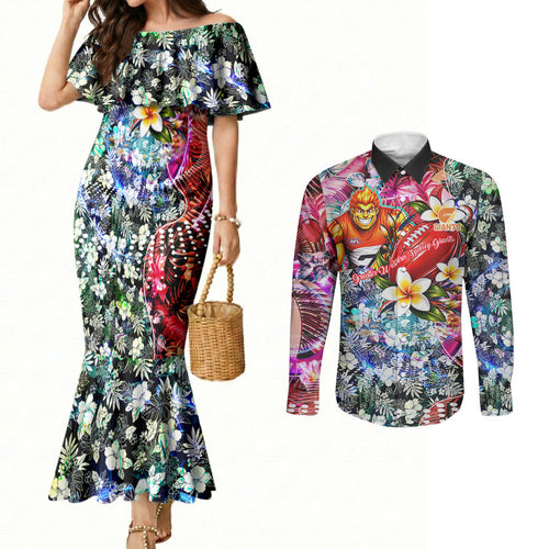 Personalized Greater Western Sydney Giants Couples Matching Mermaid Dress and Long Sleeve Button Shirt Tropical Hibiscus Flowers - Pacific Fusion Style