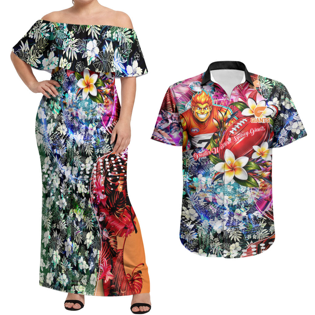 Personalized Greater Western Sydney Giants Couples Matching Off Shoulder Maxi Dress and Hawaiian Shirt Tropical Hibiscus Flowers - Pacific Fusion Style