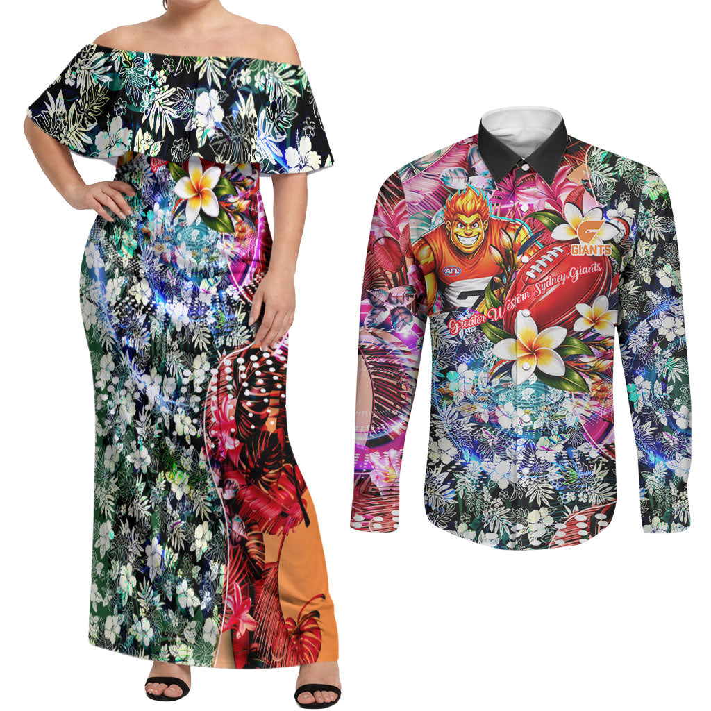 Personalized Greater Western Sydney Giants Couples Matching Off Shoulder Maxi Dress and Long Sleeve Button Shirt Tropical Hibiscus Flowers - Pacific Fusion Style