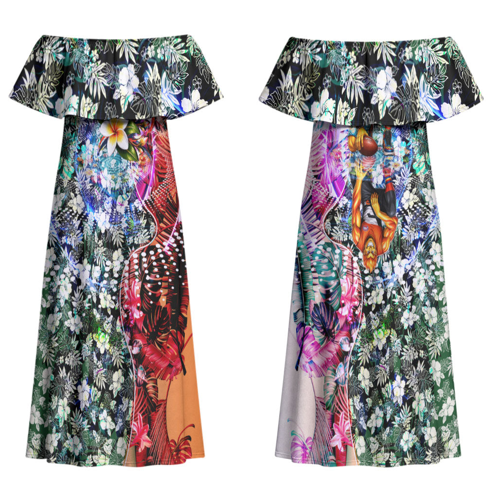 Personalized Greater Western Sydney Giants Couples Matching Off Shoulder Maxi Dress and Long Sleeve Button Shirt Tropical Hibiscus Flowers - Pacific Fusion Style