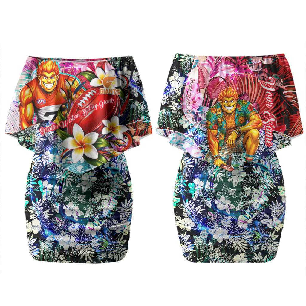 Personalized Greater Western Sydney Giants Couples Matching Off Shoulder Short Dress and Hawaiian Shirt Tropical Hibiscus Flowers - Pacific Fusion Style