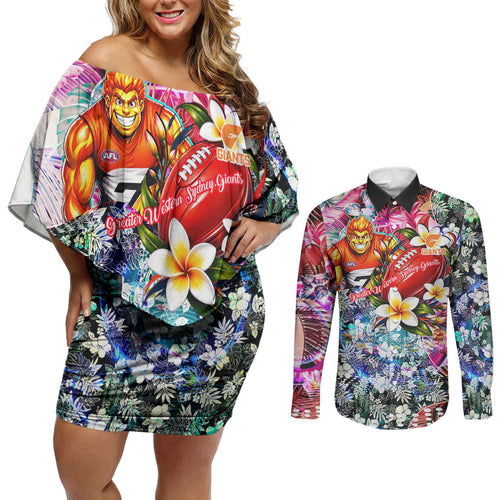 Personalized Greater Western Sydney Giants Couples Matching Off Shoulder Short Dress and Long Sleeve Button Shirt Tropical Hibiscus Flowers - Pacific Fusion Style