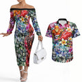 Personalized Greater Western Sydney Giants Couples Matching Off The Shoulder Long Sleeve Dress and Hawaiian Shirt Tropical Hibiscus Flowers - Pacific Fusion Style