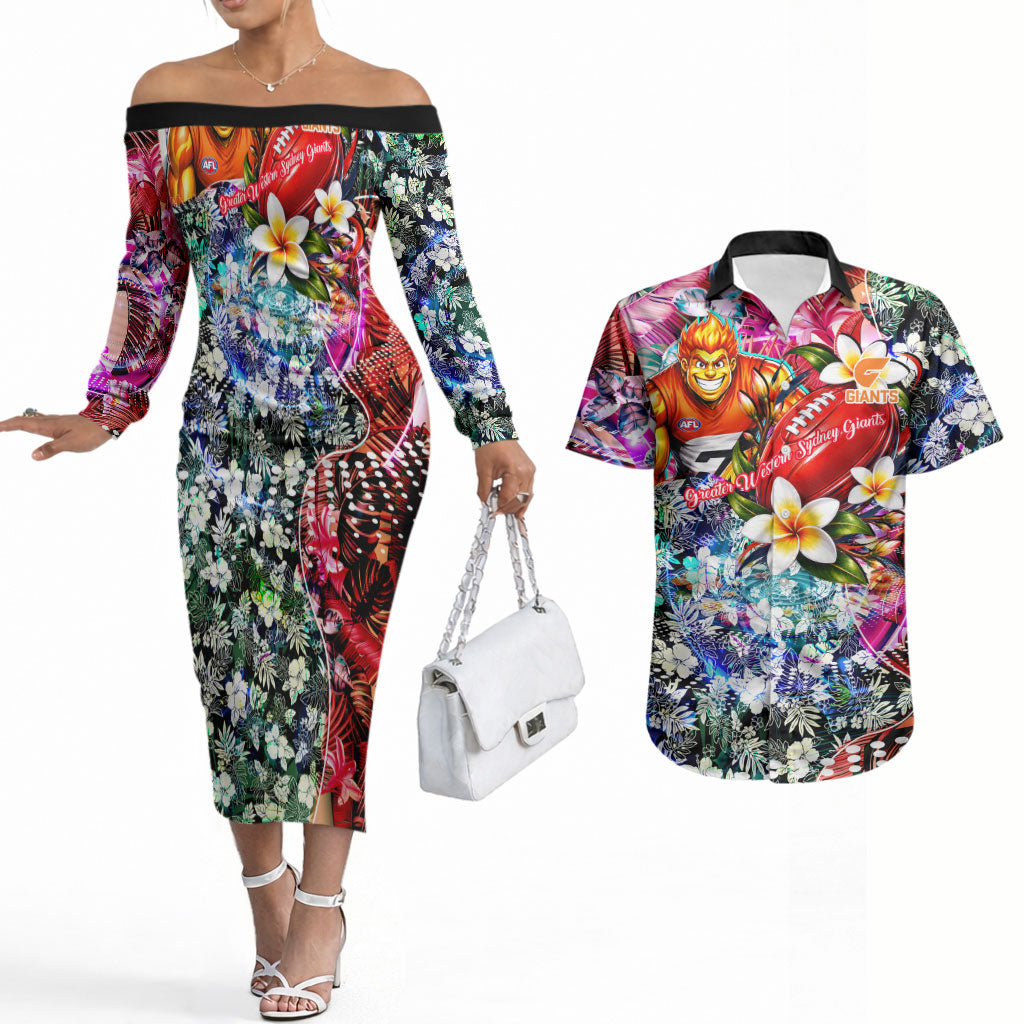 Personalized Greater Western Sydney Giants Couples Matching Off The Shoulder Long Sleeve Dress and Hawaiian Shirt Tropical Hibiscus Flowers - Pacific Fusion Style