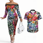 Personalized Greater Western Sydney Giants Couples Matching Off The Shoulder Long Sleeve Dress and Hawaiian Shirt Tropical Hibiscus Flowers - Pacific Fusion Style
