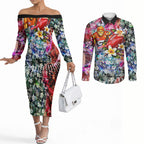 Personalized Greater Western Sydney Giants Couples Matching Off The Shoulder Long Sleeve Dress and Long Sleeve Button Shirt Tropical Hibiscus Flowers - Pacific Fusion Style