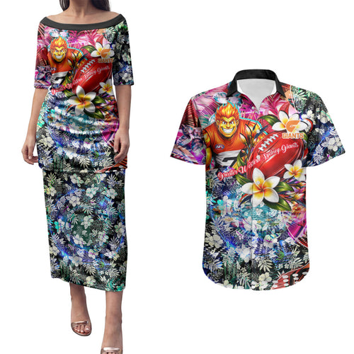 Personalized Greater Western Sydney Giants Couples Matching Puletasi and Hawaiian Shirt Tropical Hibiscus Flowers - Pacific Fusion Style