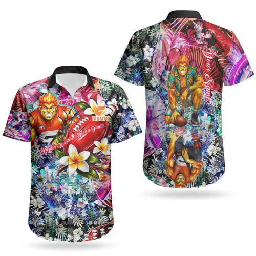 Personalized Greater Western Sydney Giants Couples Matching Puletasi and Hawaiian Shirt Tropical Hibiscus Flowers - Pacific Fusion Style