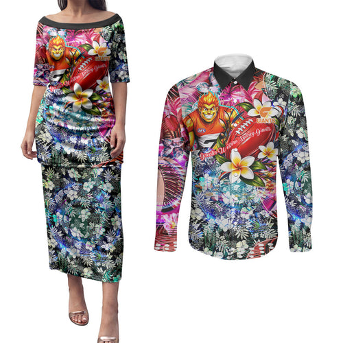 Personalized Greater Western Sydney Giants Couples Matching Puletasi and Long Sleeve Button Shirt Tropical Hibiscus Flowers - Pacific Fusion Style