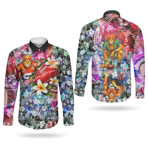 Personalized Greater Western Sydney Giants Couples Matching Puletasi and Long Sleeve Button Shirt Tropical Hibiscus Flowers - Pacific Fusion Style