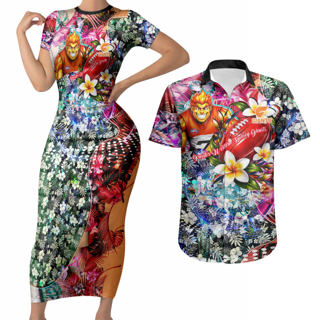 Personalized Greater Western Sydney Giants Couples Matching Short Sleeve Bodycon Dress and Hawaiian Shirt Tropical Hibiscus Flowers - Pacific Fusion Style