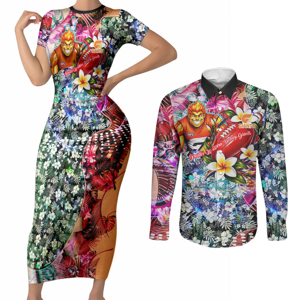 Personalized Greater Western Sydney Giants Couples Matching Short Sleeve Bodycon Dress and Long Sleeve Button Shirt Tropical Hibiscus Flowers - Pacific Fusion Style