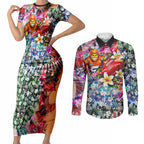 Personalized Greater Western Sydney Giants Couples Matching Short Sleeve Bodycon Dress and Long Sleeve Button Shirt Tropical Hibiscus Flowers - Pacific Fusion Style