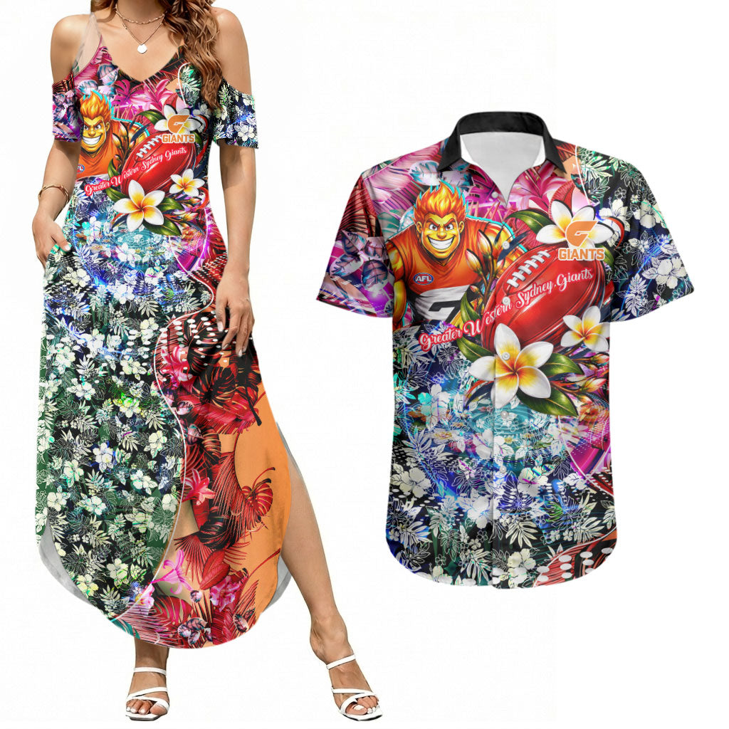 Personalized Greater Western Sydney Giants Couples Matching Summer Maxi Dress and Hawaiian Shirt Tropical Hibiscus Flowers - Pacific Fusion Style