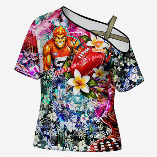 Personalized Greater Western Sydney Giants Cross Shoulder Shirt Tropical Hibiscus Flowers - Pacific Fusion Style
