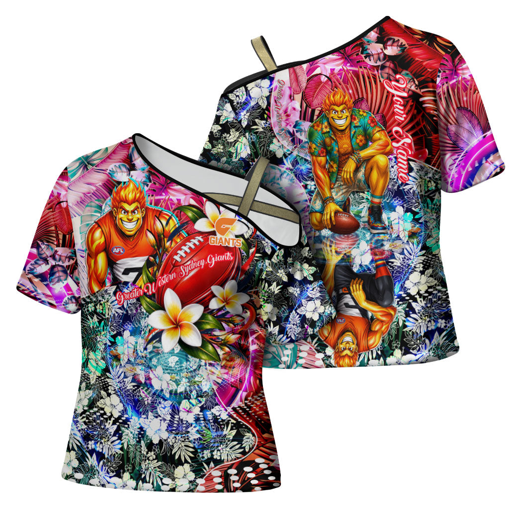 Personalized Greater Western Sydney Giants Cross Shoulder Shirt Tropical Hibiscus Flowers - Pacific Fusion Style