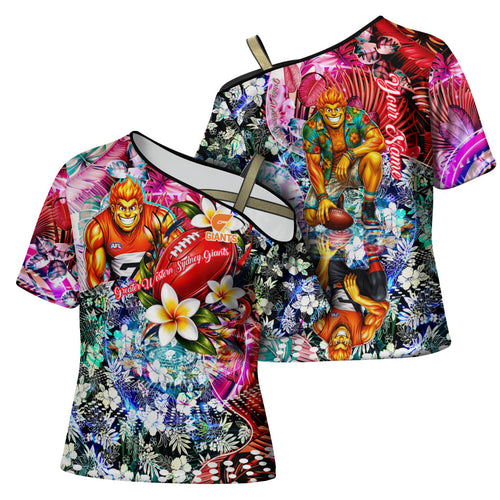 Personalized Greater Western Sydney Giants Cross Shoulder Shirt Tropical Hibiscus Flowers - Pacific Fusion Style