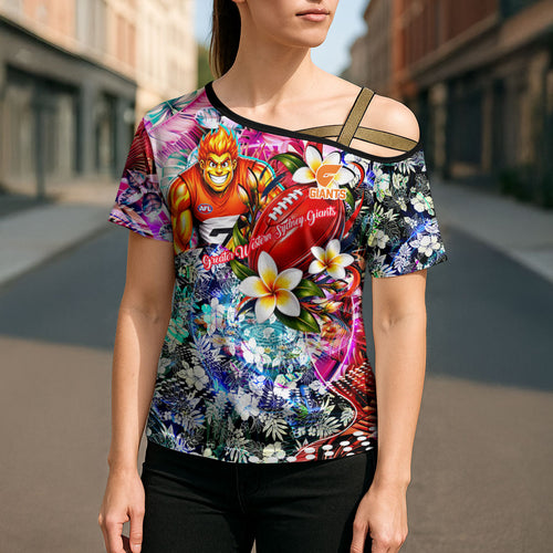 Personalized Greater Western Sydney Giants Cross Shoulder Shirt Tropical Hibiscus Flowers - Pacific Fusion Style