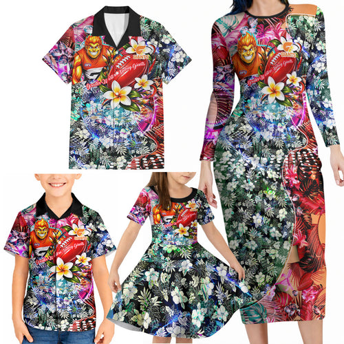 Personalized Greater Western Sydney Giants Family Matching Long Sleeve Bodycon Dress and Hawaiian Shirt Tropical Hibiscus Flowers - Pacific Fusion Style