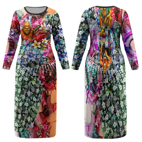 Personalized Greater Western Sydney Giants Family Matching Long Sleeve Bodycon Dress and Hawaiian Shirt Tropical Hibiscus Flowers - Pacific Fusion Style