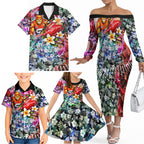 Personalized Greater Western Sydney Giants Family Matching Off The Shoulder Long Sleeve Dress and Hawaiian Shirt Tropical Hibiscus Flowers - Pacific Fusion Style
