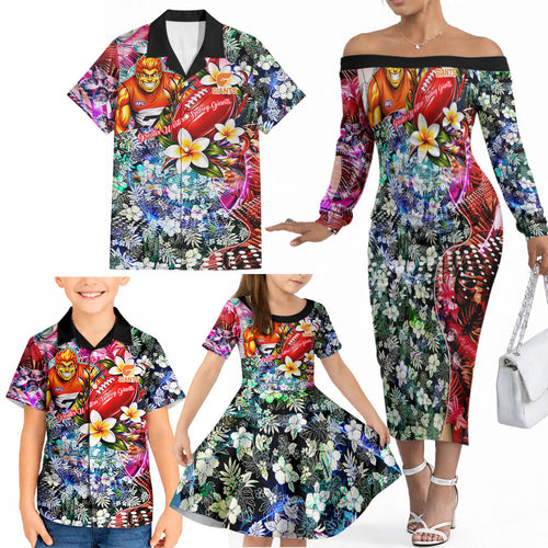 Personalized Greater Western Sydney Giants Family Matching Off The Shoulder Long Sleeve Dress and Hawaiian Shirt Tropical Hibiscus Flowers - Pacific Fusion Style